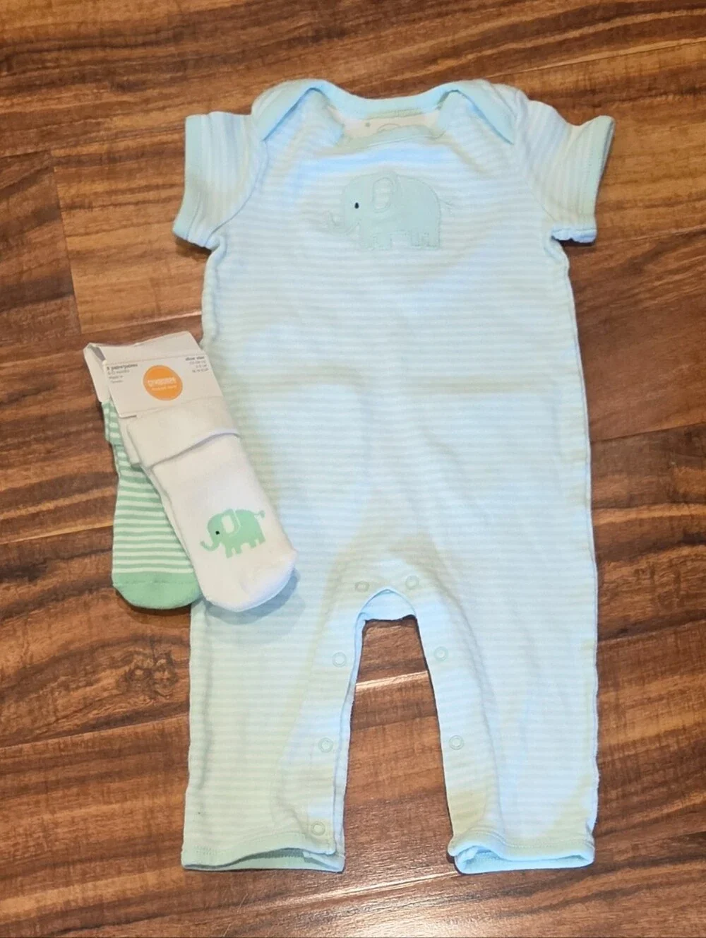 Gymboree NWT/GUC 6-12 Months Minto Green Striped Elephant Romper and Socks (2)